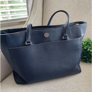 Tory Burch navy blue tote 12”x10”